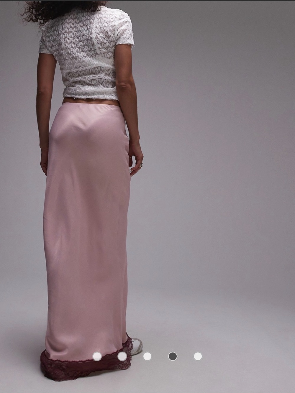 NWOT- Topshop satin bias maxi skirt in pink with burgundy lace, size US 8 - Picture 4 of 12